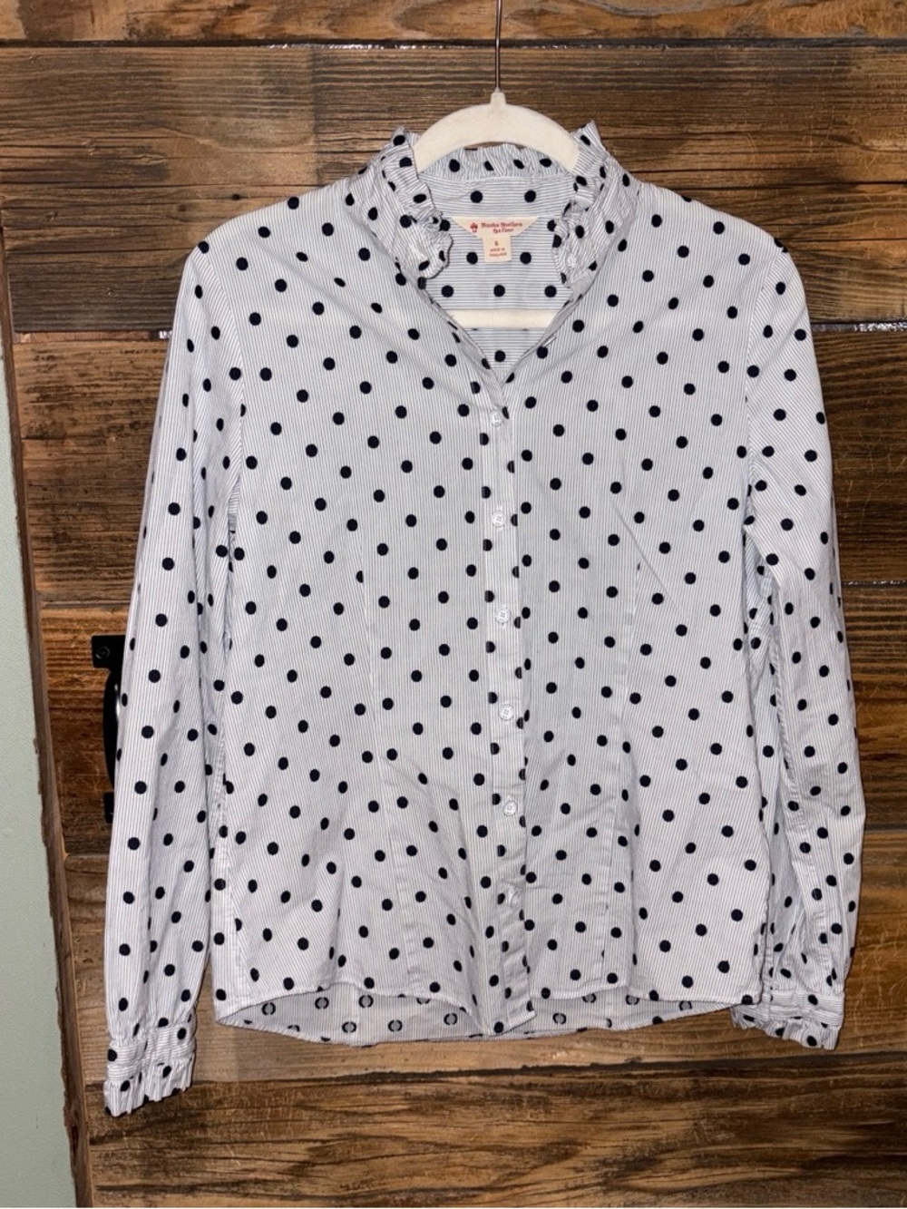 Brooks Brothers Red Fleece Polka Dot Ruffle Collar Button-Up Blouse - Navy Dots